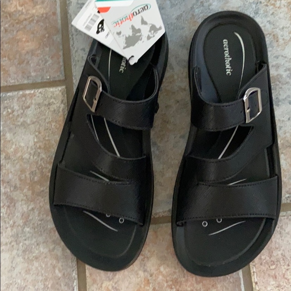 Aerothotic Sandals Black Leather Size 7 NIB